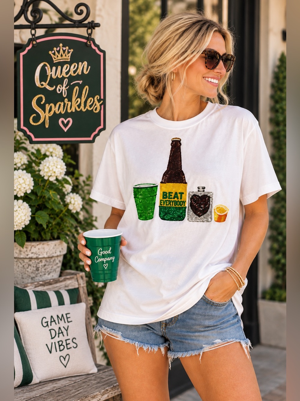 QUEEN OF SPARKLES Beat Everybody Baylor Short Sleeve Tee w Sequin Bottle,Size XL